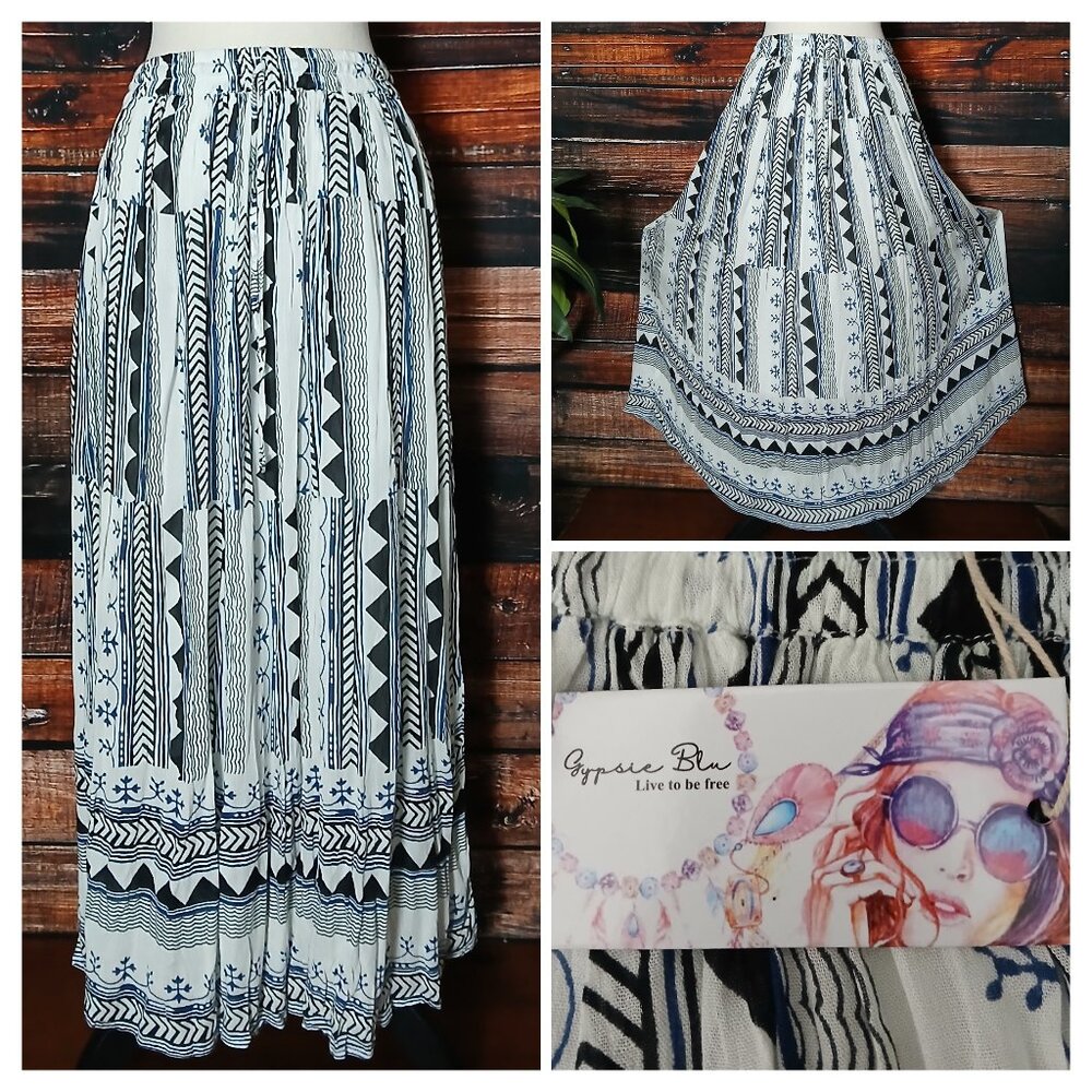 NWT Gypsie Blu Maxi Skirt L Rayon Bohemian Pleated Broom
